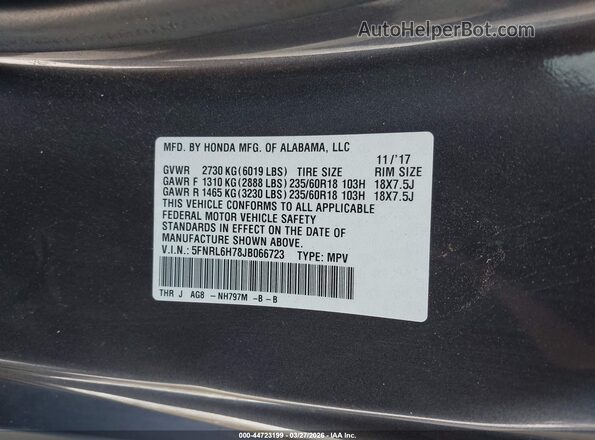 5FNRL6H78JB066723 2018 HONDA ODYSSEY Серый Вид подкапотного пространства