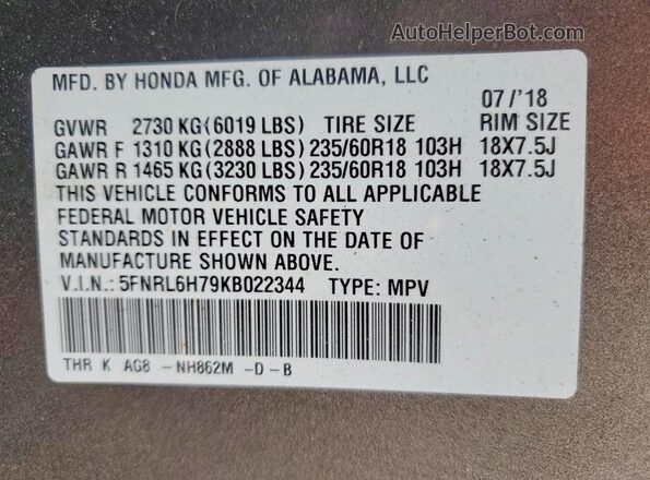 5FNRL6H79KB022344 2019 HONDA ODYSSEY Brown Widok naklejki z numerem VIN