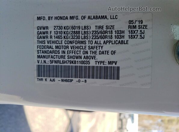 5FNRL6H79KB110035 2019 HONDA ODYSSEY White VIN կոդի պիտակի տեսք