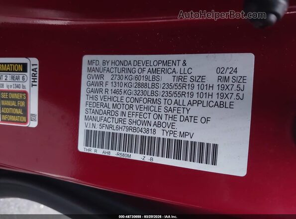 5FNRL6H79RB043818 2024 HONDA ODYSSEY  Вид подкапотного пространства
