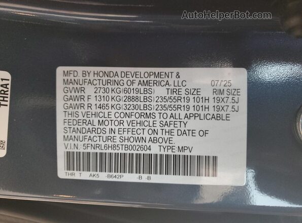 5FNRL6H85TB002604 2026 HONDA ODYSSEY Blue Vista de la etiqueta del VIN