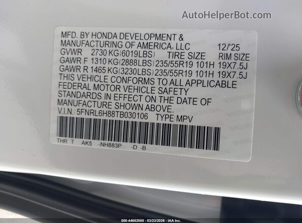 5FNRL6H88TB030106 2026 HONDA ODYSSEY Белый Вид подкапотного пространства