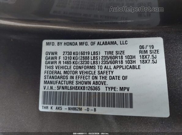 5FNRL6H8XKB126365 2019 HONDA ODYSSEY Gray Widok komory silnika