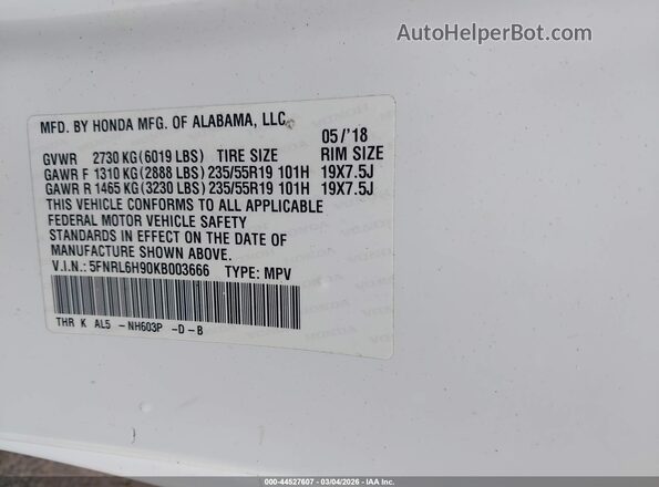 5FNRL6H90KB003666 2019 HONDA ODYSSEY Белый Вид подкапотного пространства
