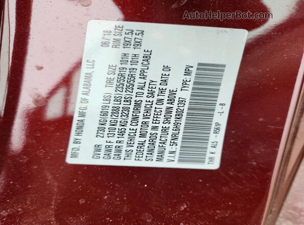 5FNRL6H91KB021397 2019 HONDA ODYSSEY Burgundy Vista de la etiqueta del VIN