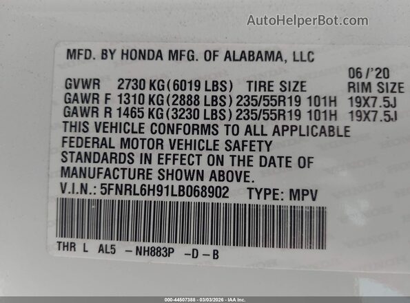 5FNRL6H91LB068902 2020 HONDA ODYSSEY Белый Вид подкапотного пространства