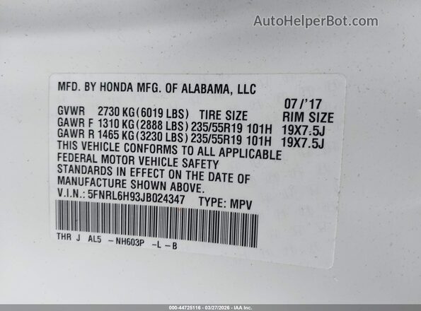 5FNRL6H93JB024347 2018 HONDA ODYSSEY White Вид підкапотного простору