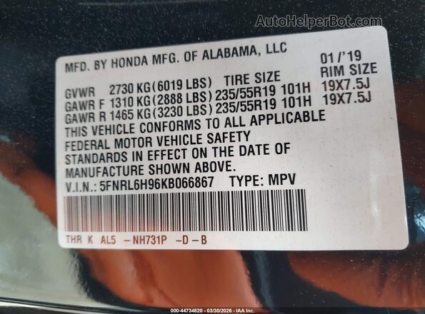 5FNRL6H96KB066867 2019 HONDA ODYSSEY Black Vista del compartimento del motor