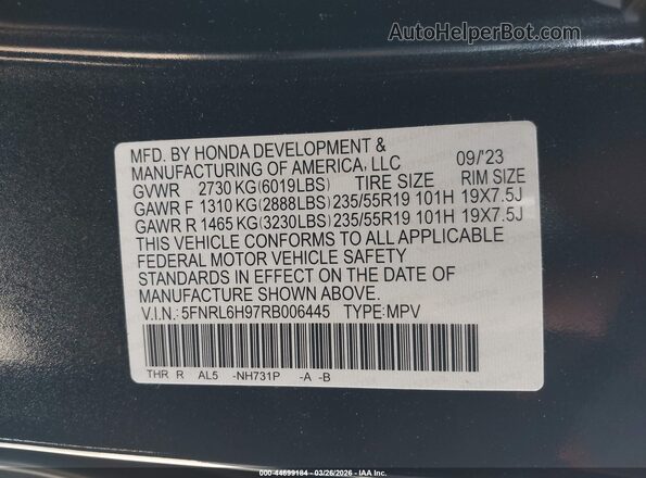 5FNRL6H97RB006445 2024 HONDA ODYSSEY Черный Вид подкапотного пространства