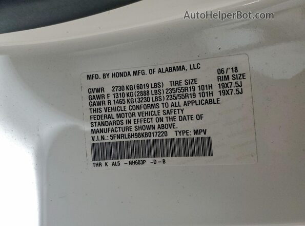 5FNRL6H98KB017220 2019 HONDA ODYSSEY Белый Вид наклейки с VIN-кодом