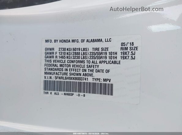 5FNRL6H9XKB003741 2019 HONDA ODYSSEY White Vista del compartimento del motor