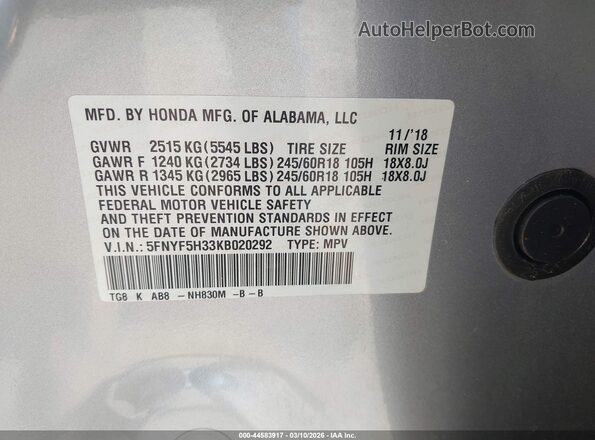 5FNYF5H33KB020292 2019 HONDA PILOT Серый Вид подкапотного пространства