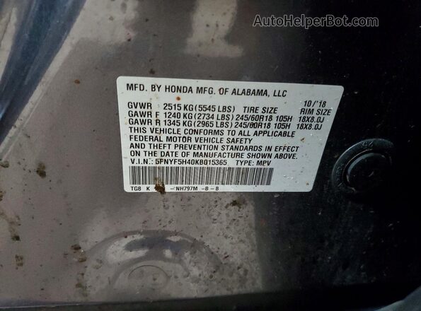 5FNYF5H40KB015365 2019 HONDA PILOT Gray Widok naklejki z numerem VIN