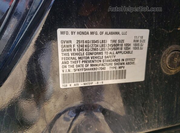 5FNYF5H44KB017040 2019 HONDA PILOT Черный Вид наклейки с VIN-кодом