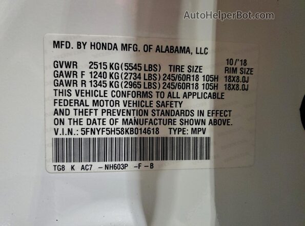 5FNYF5H58KB014618 2019 HONDA PILOT White Սալոնի 360 աստիճան տեսք