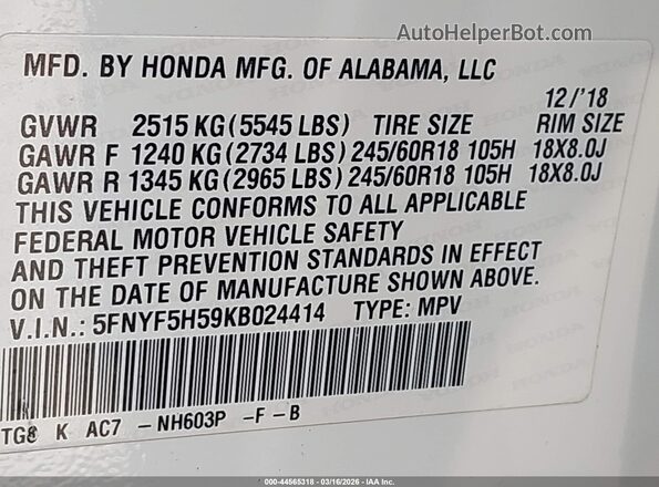 5FNYF5H59KB024414 2019 HONDA PILOT Белый Вид подкапотного пространства