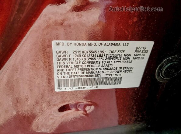 5FNYF5H59KB045571 2019 HONDA PILOT Burgundy Widok wnętrza 360 stopni