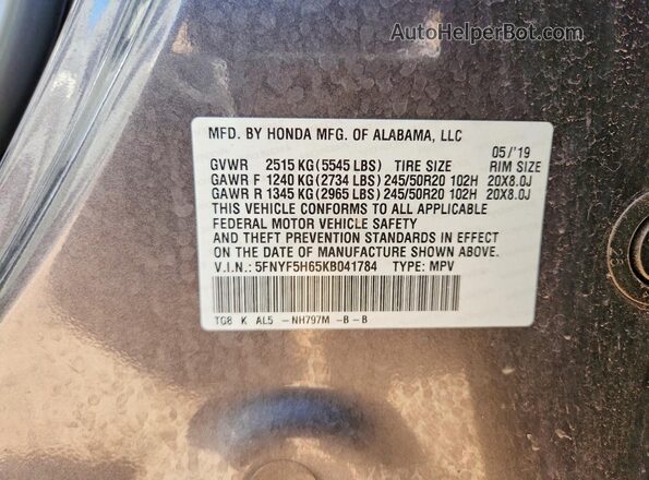 5FNYF5H65KB041784 2019 HONDA PILOT Gray Widok naklejki z numerem VIN
