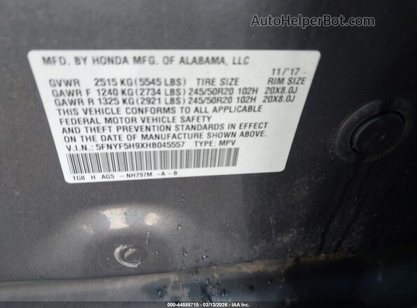 5FNYF5H9XHB045557 2017 HONDA PILOT Серый Вид подкапотного пространства