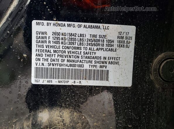 5FNYF6H14JB001883 2018 HONDA PILOT Черный Вид подкапотного пространства