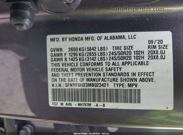 5FNYF6H23MB023421 2021 HONDA PILOT Серый Вид подкапотного пространства