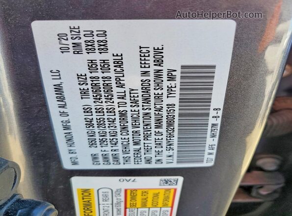 5FNYF6H32MB031518 2021 HONDA PILOT Gray Widok naklejki z numerem VIN