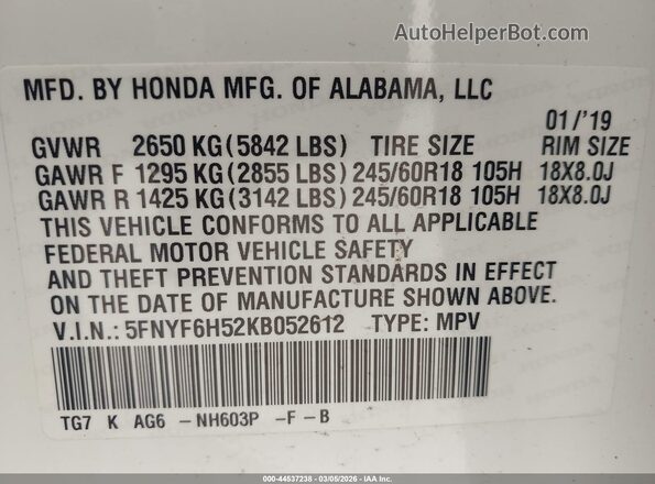 5FNYF6H52KB052612 2019 HONDA PILOT White Widok komory silnika