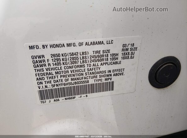 5FNYF6H55JB035558 2018 HONDA PILOT Белый Вид подкапотного пространства