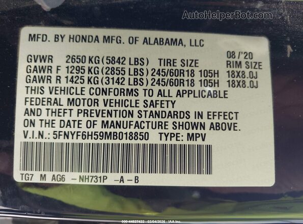 5FNYF6H59MB018850 2021 HONDA PILOT Black Widok komory silnika