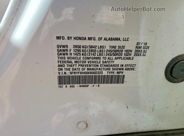 5FNYF6H68KB002323 2019 HONDA PILOT Белый Панорамный вид салона 360°