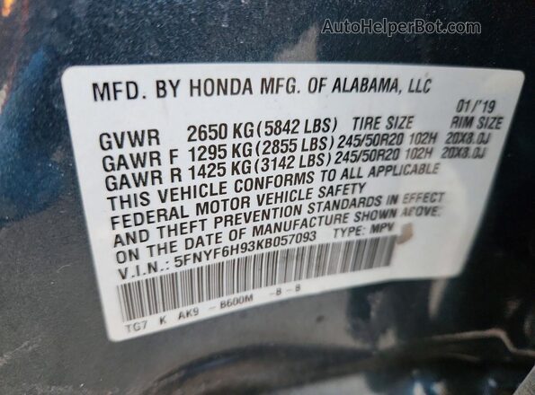 5FNYF6H93KB057093 2019 HONDA PILOT Зеленый Вид наклейки с VIN-кодом
