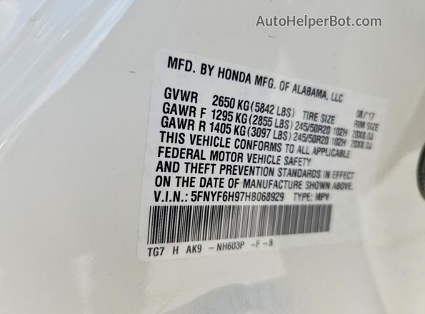 5FNYF6H97HB068929 2017 HONDA PILOT Белый Вид подкапотного пространства