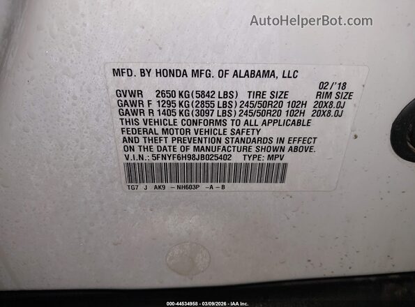 5FNYF6H98JB025402 2018 HONDA PILOT White Widok komory silnika