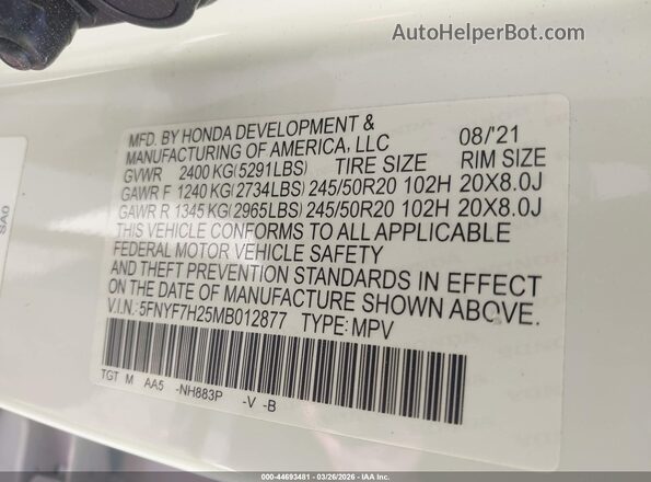 5FNYF7H25MB012877 2021 HONDA PASSPORT White Вид підкапотного простору