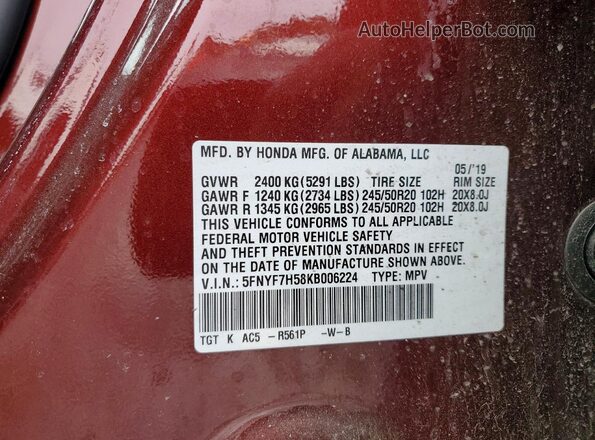 5FNYF7H58KB006224 2019 HONDA PASSPORT Темно-бордовый Вид наклейки с VIN-кодом