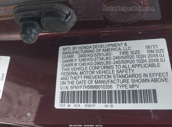 5FNYF7H58MB010356 2021 HONDA PASSPORT Red Widok komory silnika