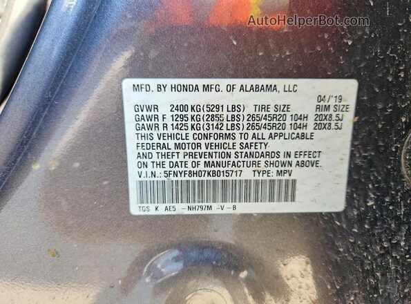 5FNYF8H07KB015717 2019 HONDA PASSPORT Угольный Вид наклейки с VIN-кодом