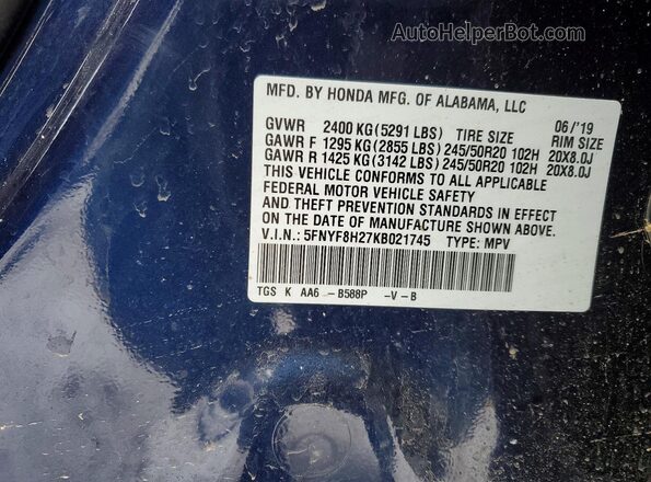 5FNYF8H27KB021745 2019 HONDA PASSPORT Blue Vista de la etiqueta del VIN