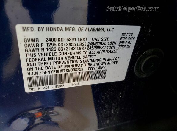 5FNYF8H57KB008729 2019 HONDA PASSPORT Синий Вид наклейки с VIN-кодом