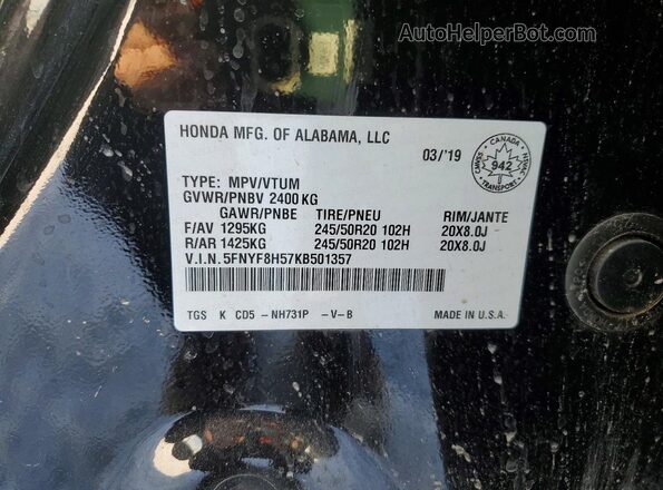 5FNYF8H57KB501357 2019 HONDA PASSPORT Черный Вид наклейки с VIN-кодом