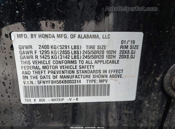5FNYF8H58KB003314 2019 HONDA PASSPORT Зеленый Вид подкапотного пространства