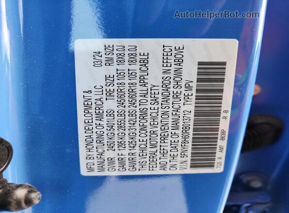 5FNYF8H60RB013712 2024 HONDA PASSPORT Синий Панорамный вид салона 360°