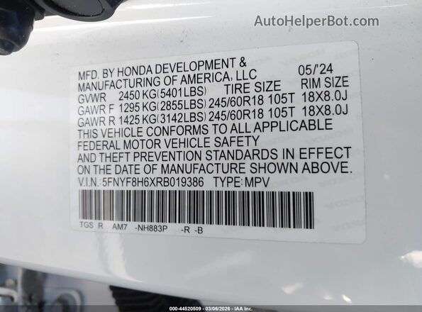 5FNYF8H6XRB019386 2024 HONDA PASSPORT Белый Вид подкапотного пространства