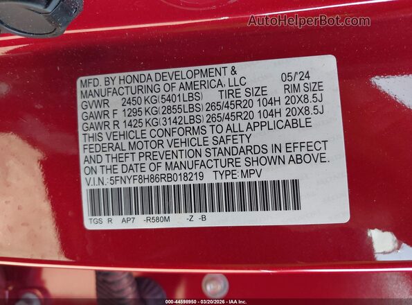 5FNYF8H86RB018219 2024 HONDA PASSPORT Red Вид підкапотного простору