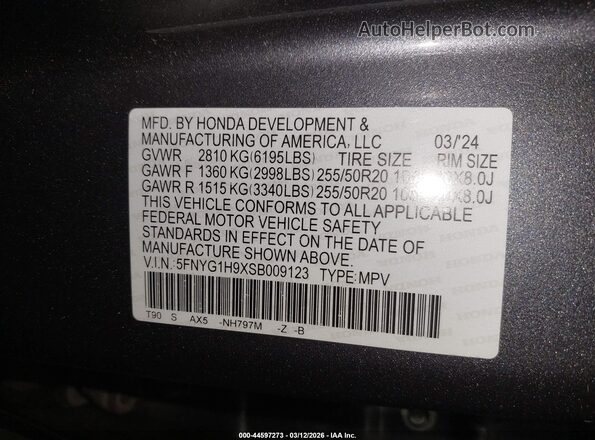 5FNYG1H9XSB009123 2025 HONDA PILOT Серый Вид подкапотного пространства