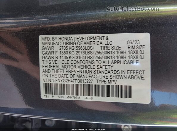 5FNYG2H47PB013227 2023 HONDA PILOT Серый Вид подкапотного пространства