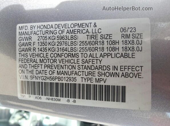 5FNYG2H56PB012935 2023 HONDA PILOT Серебряный Панорамный вид салона 360°