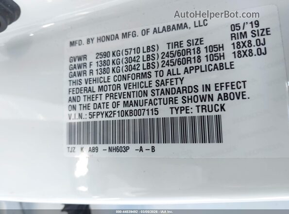 5FPYK2F10KB007115 2019 HONDA RIDGELINE White Вид підкапотного простору