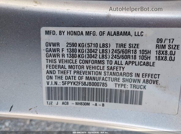 5FPYK2F58JB000785 2018 HONDA RIDGELINE Серебряный Вид подкапотного пространства