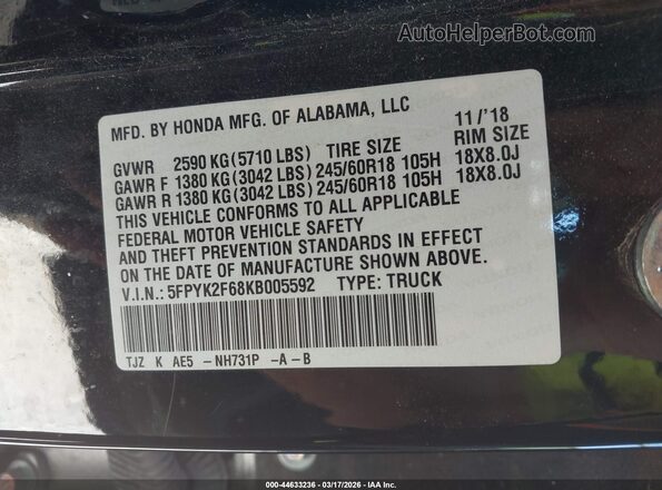 5FPYK2F68KB005592 2019 HONDA RIDGELINE Black ძრავის განყოფილების ხედი